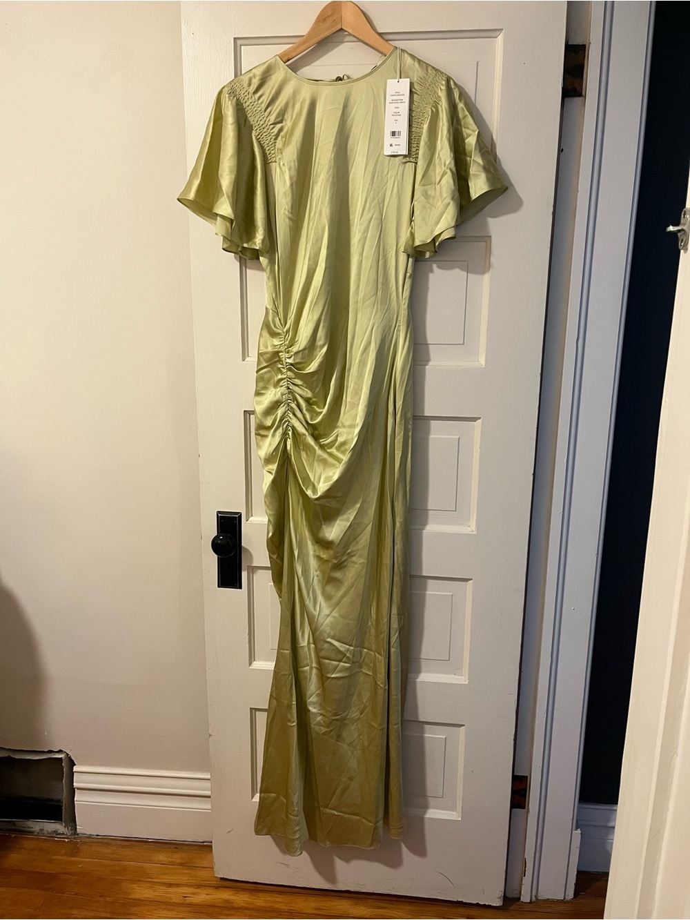 Veronica Beard Satin Maxi Dress in Pale Green with Ruching